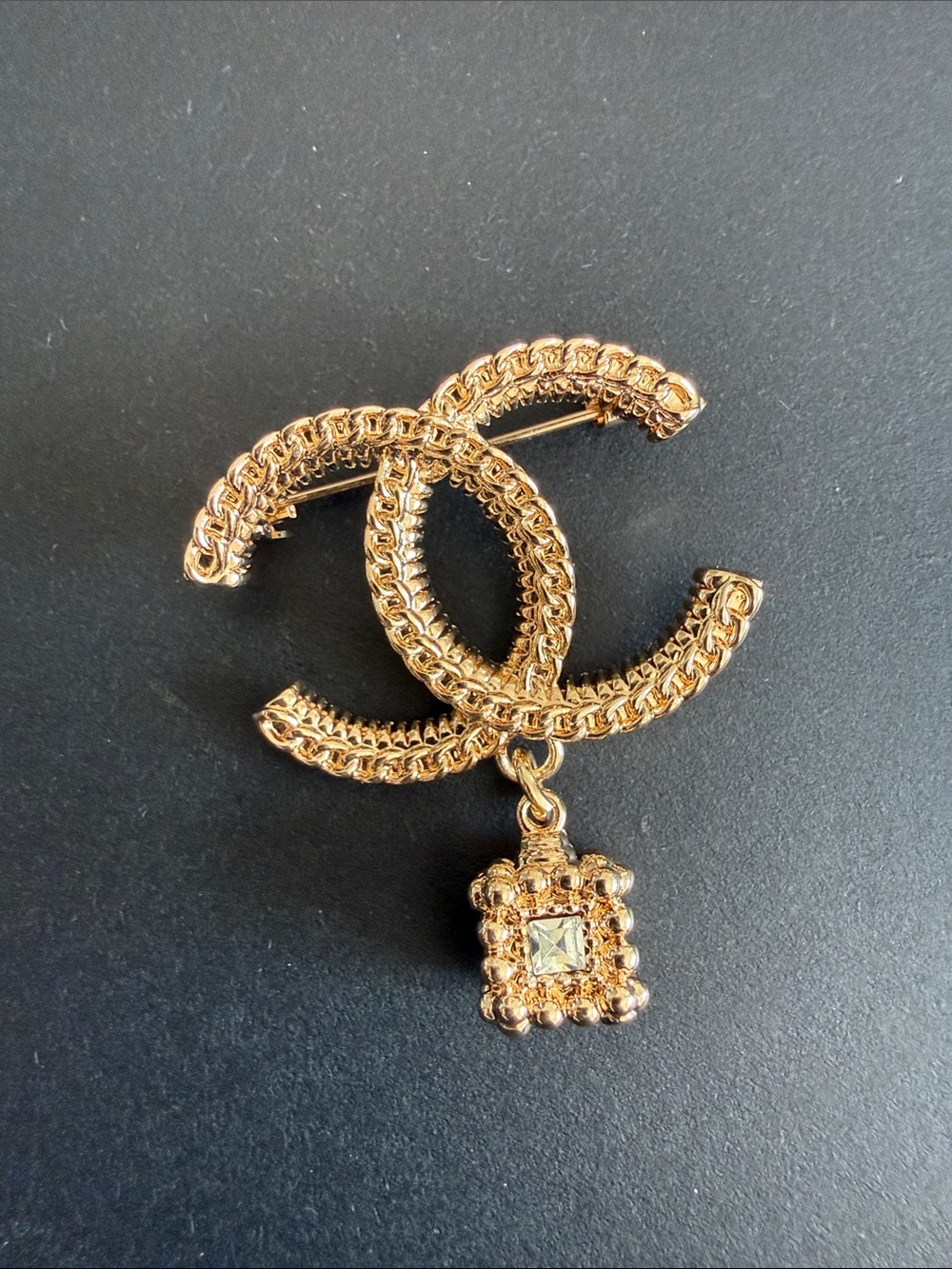 Upcycled CC Gold Double-C Logo Brooch with Dangle Charm